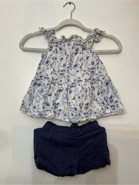 Joie White and Blue Floral Ruffle Strap Top with Navy Shorts
